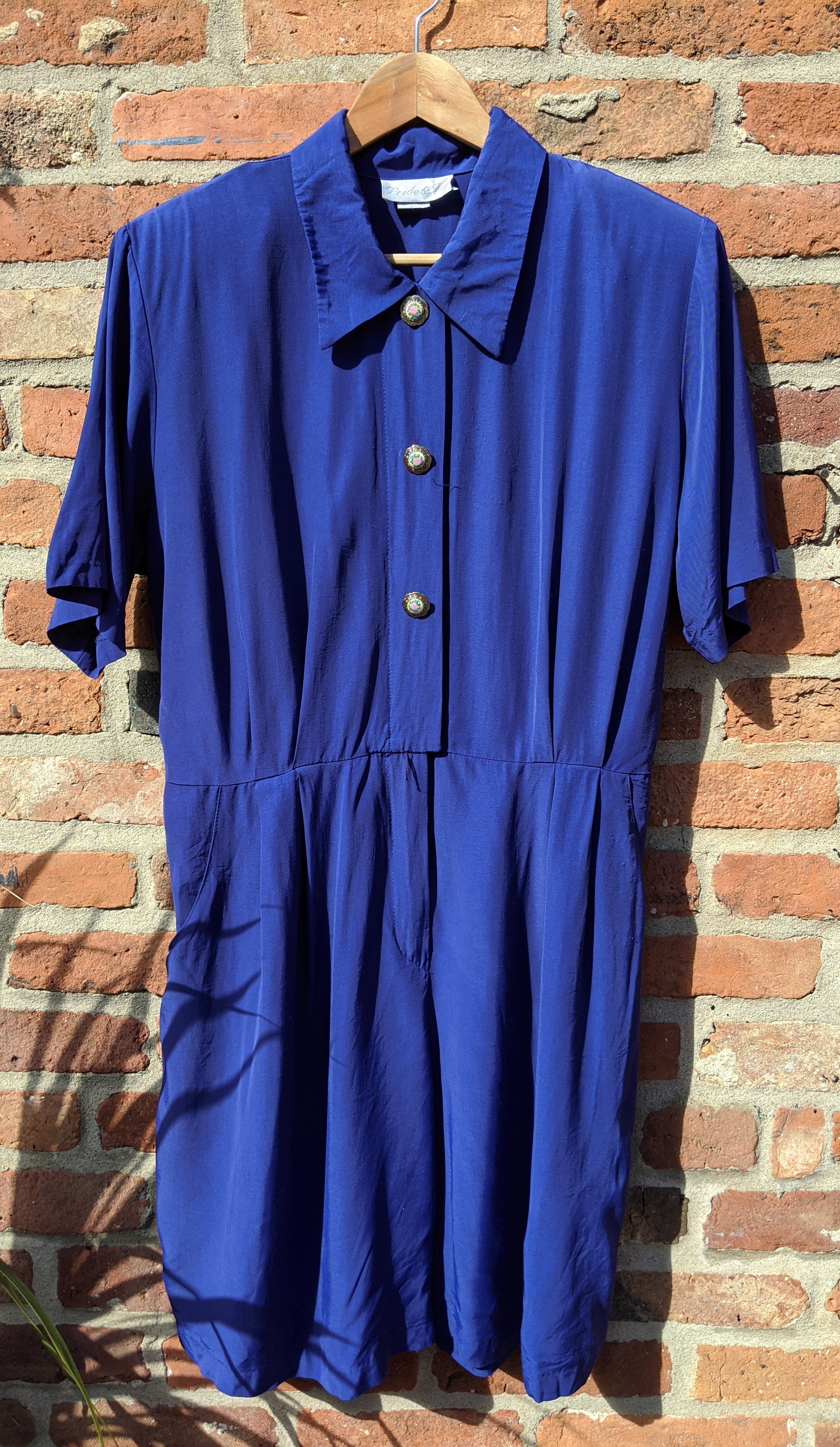 80s blue playsuit with floral buttons size 16