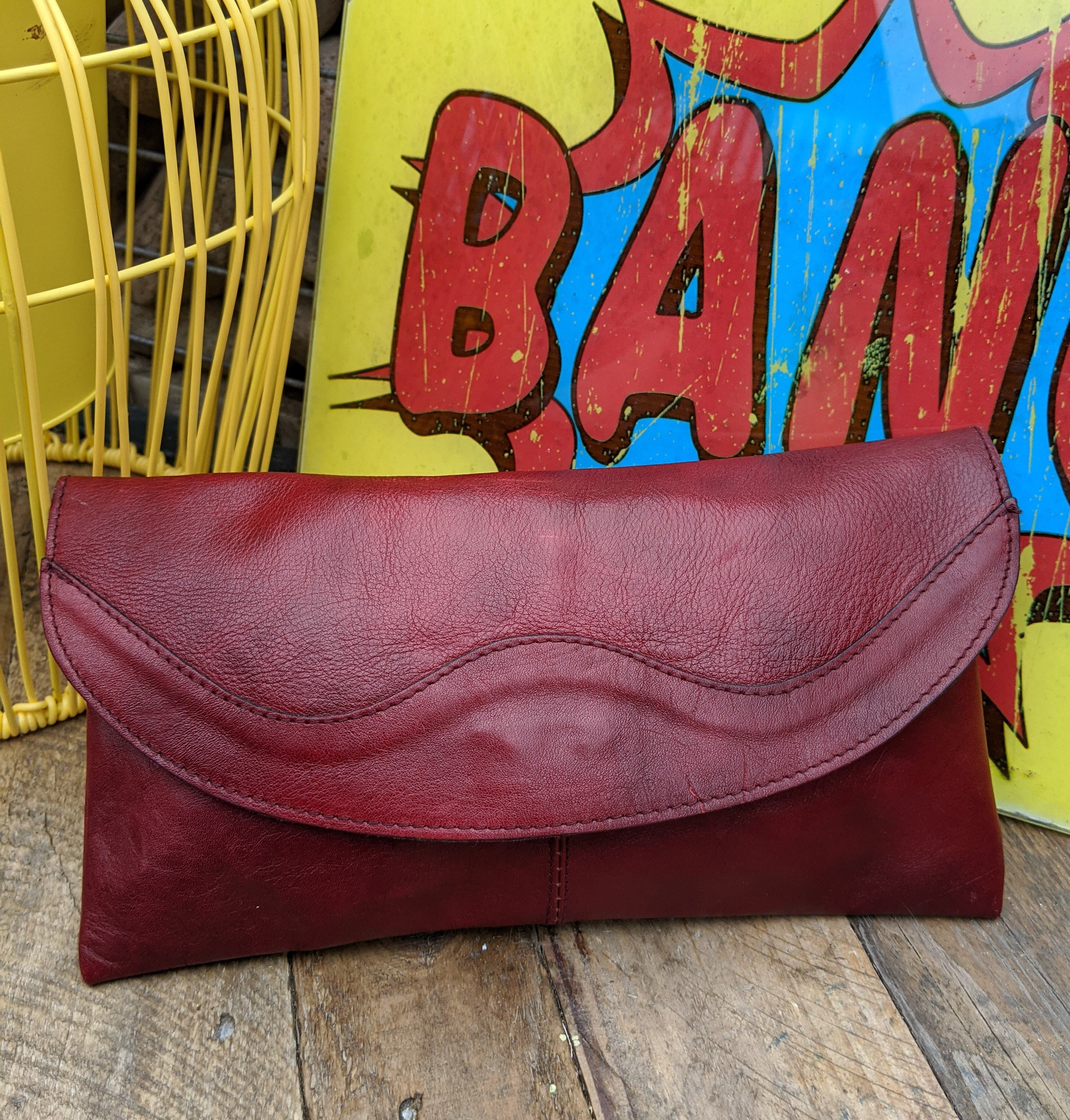 70s burgundy leather envelope clutch bag