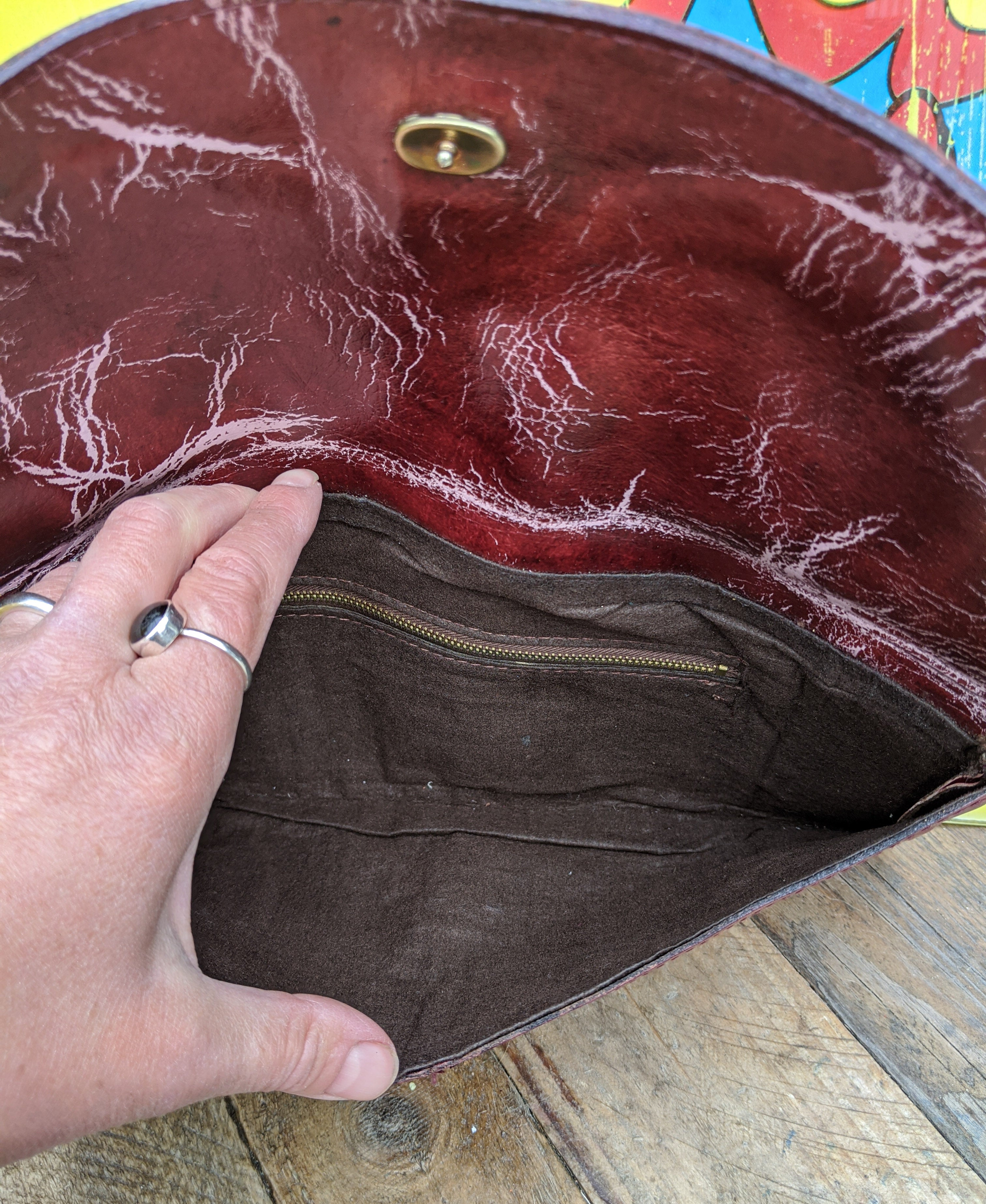 70s burgundy leather envelope clutch bag
