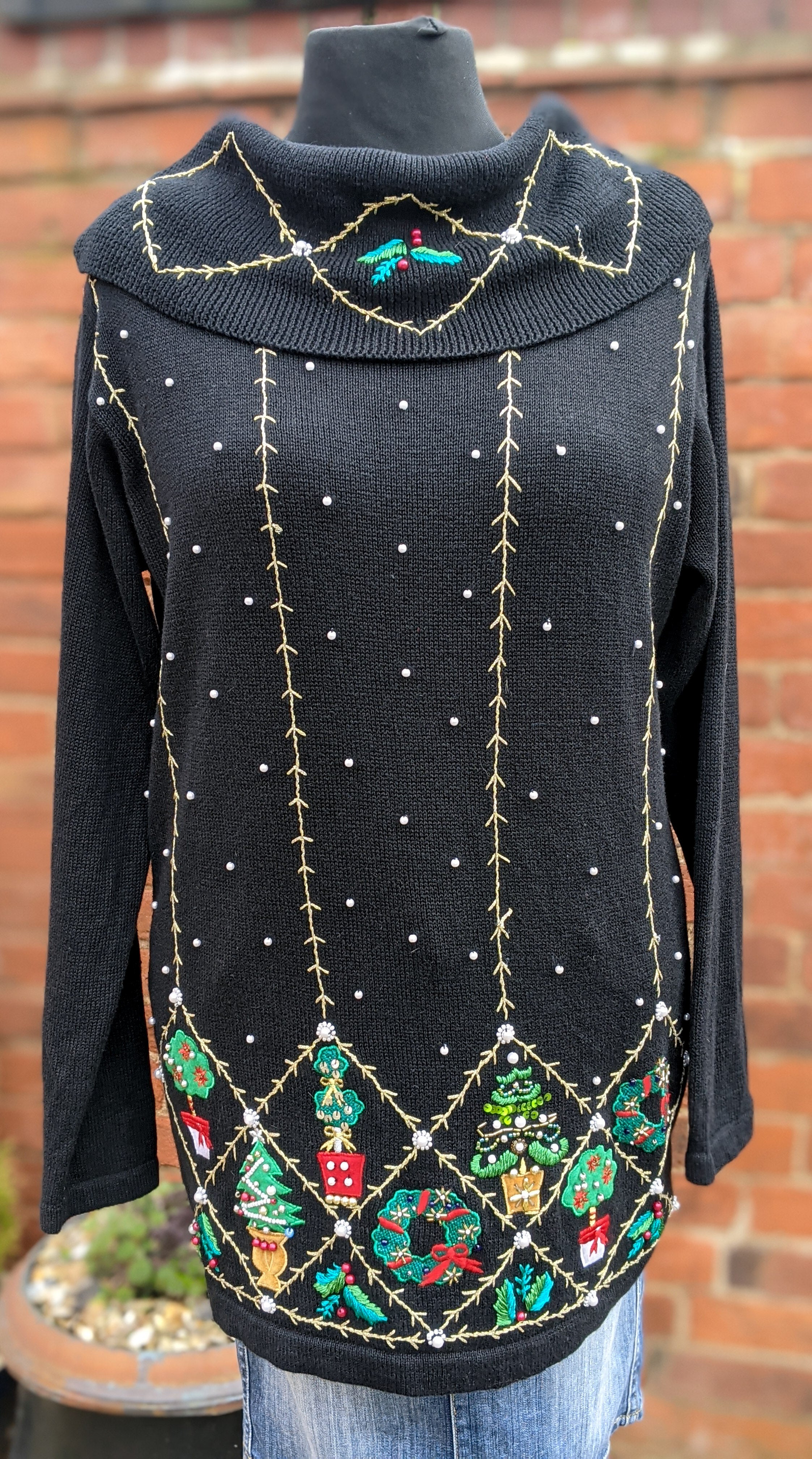 Beaded cowl neck Christmas jumper size L item 952